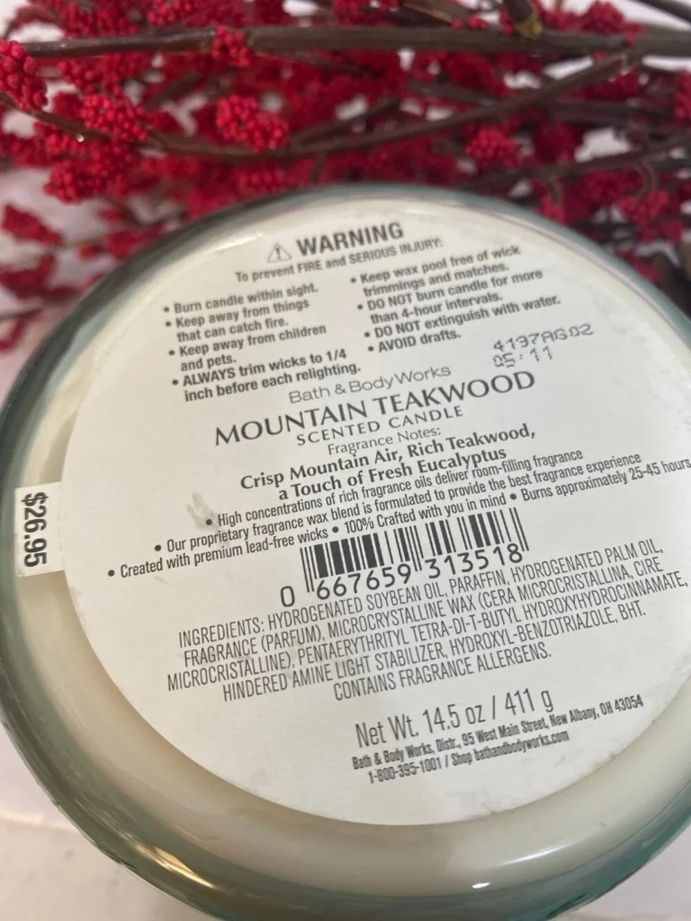 “Mountain Teakwood” Bath & Body Works New 3 Wick Candle
